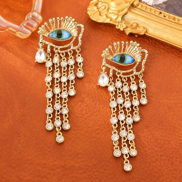 18K Gold Evil Eye Long Tassel Statement Earrings, Boho Chic Holiday Gift Gaze 👁️ - Picture 2 of 4